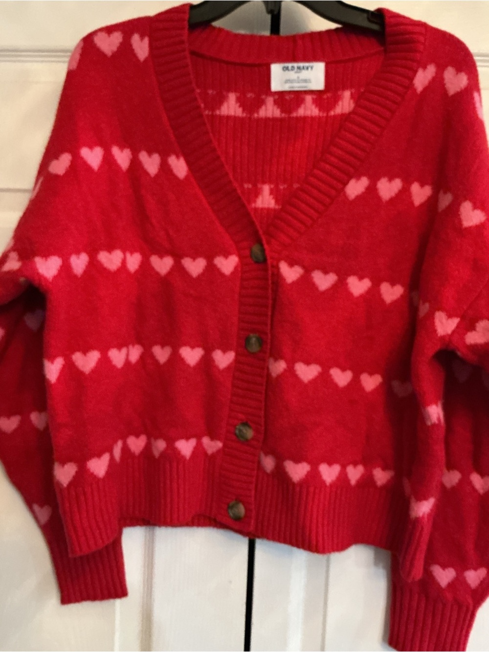 Old Navy Red Cardigan with Pink Heart Pattern